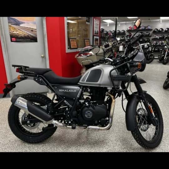 Royal Enfield Himalayan adventure motorcycle, gray, side view